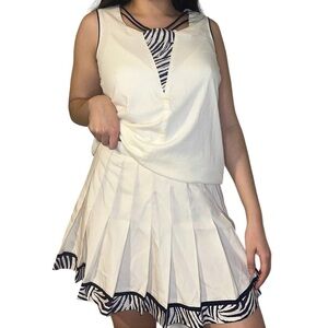 VTG White Zebra Print‎ Pleated Tennis Skirt and Top Two Piece Set Mob Wife